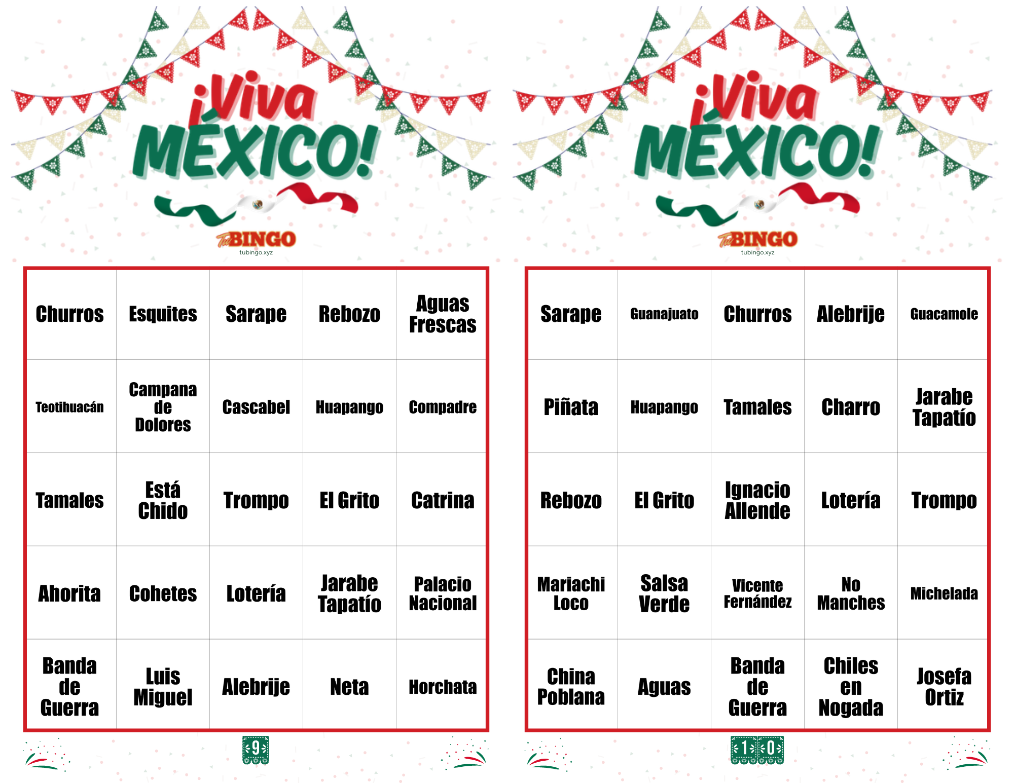 Dos cartones de bingo patrio impresos 5×5 con palabras mexicanas