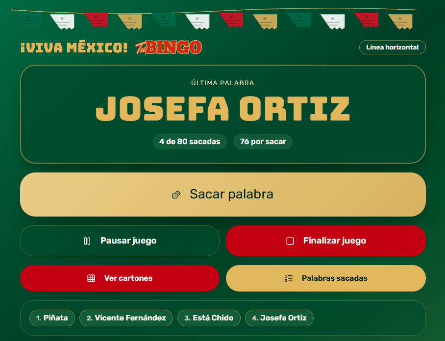 Pantalla del sorteo de bingo mostrando la última palabra cantada